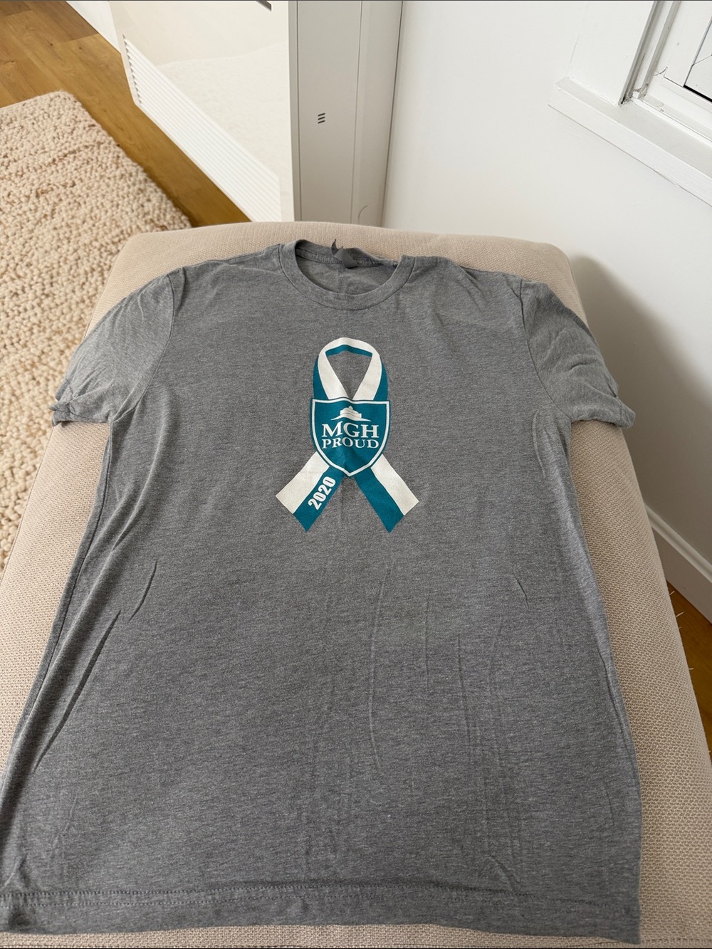 Next Level Apparel MGH/Boston Strong Gray Tee with Teal & White Ribbon Graphic